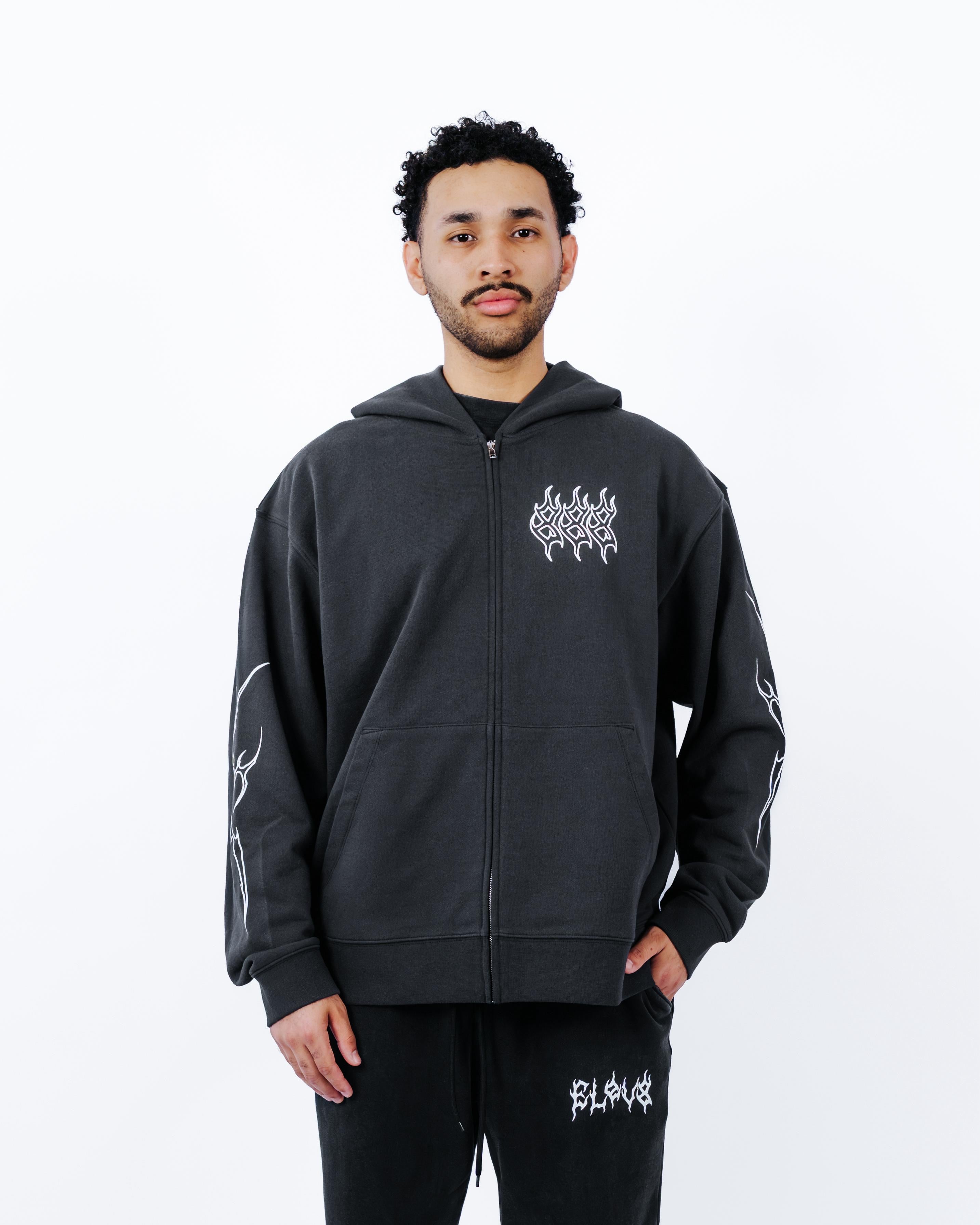 Tribal Flame Zip Hoodie — Limo Black